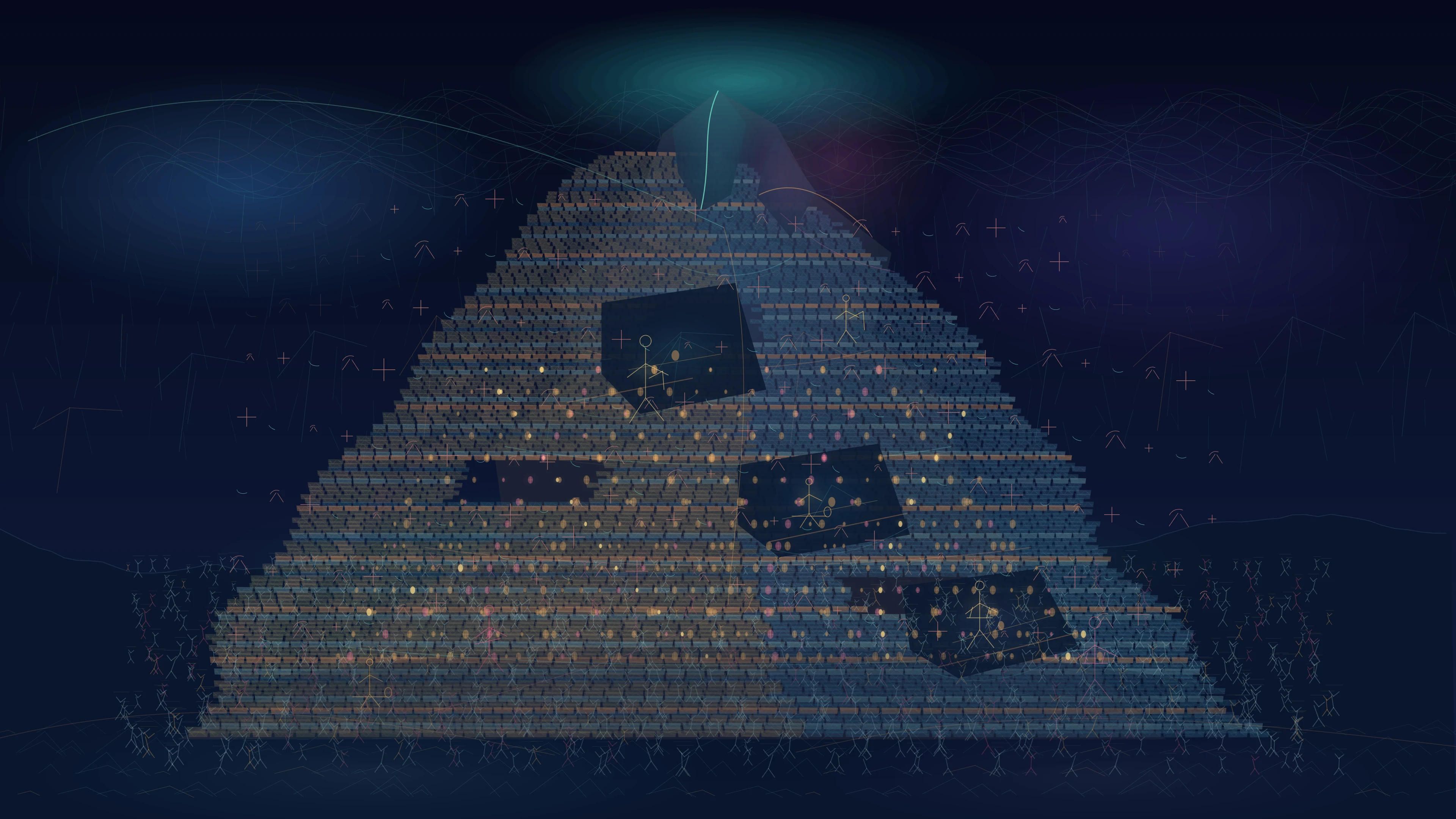 A vast nocturnal Tower of Babel built from countless blue and amber masonry marks, inhabited courtyards, human processions, language weather, and a split cyan and rose crown