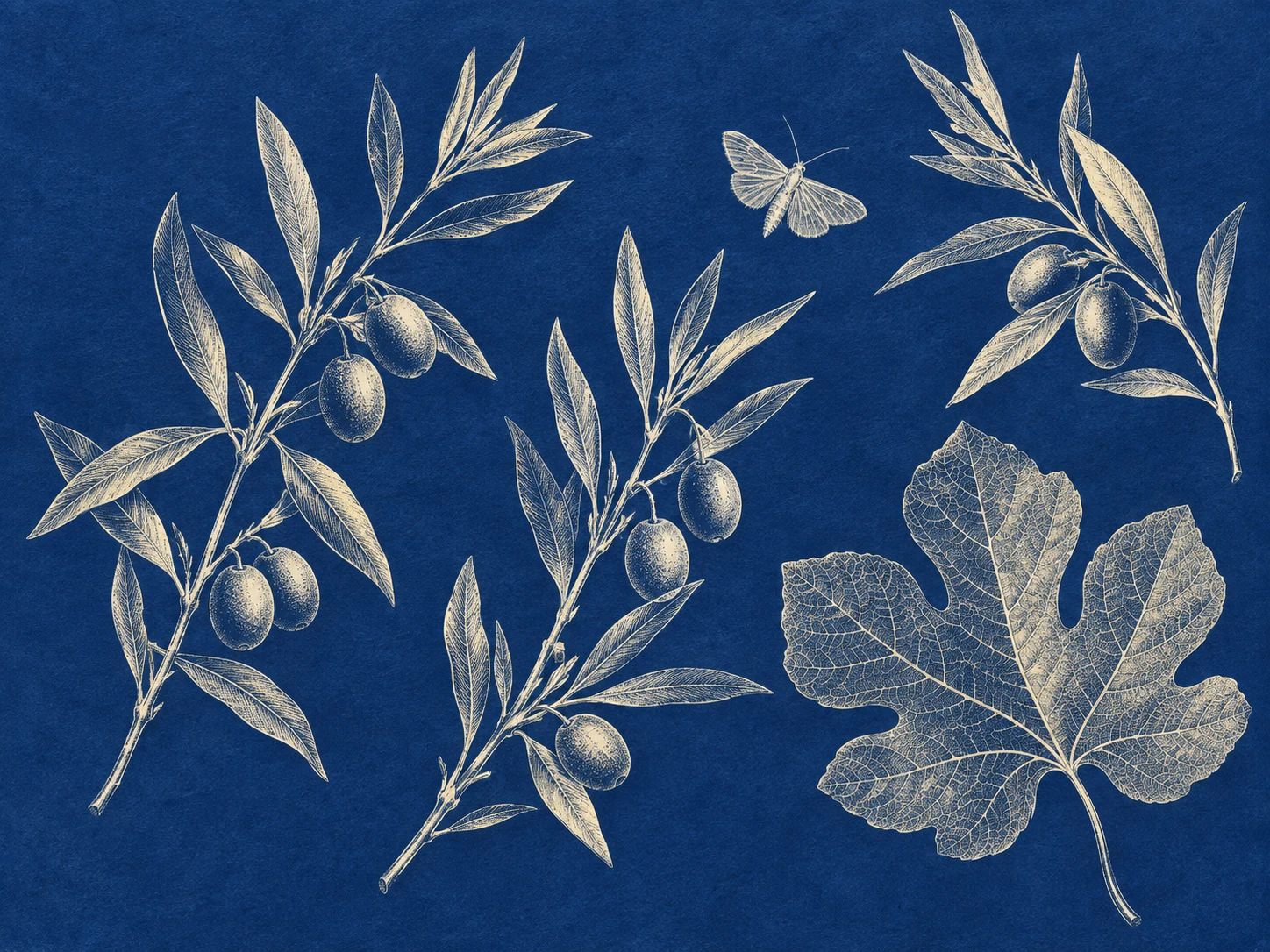 An ivory copperplate illustration of olive branches, a fig leaf and a moth