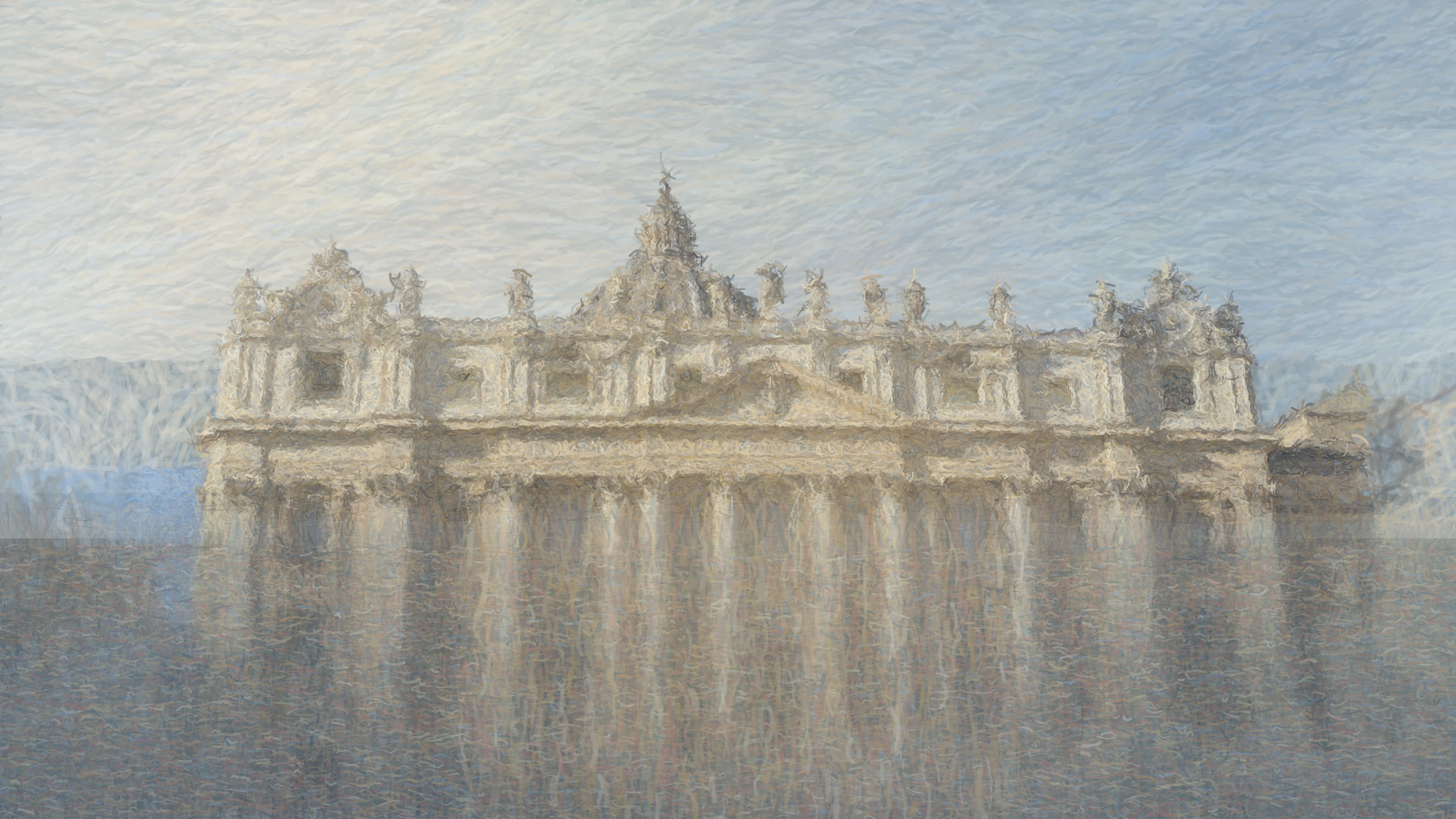 Saint Peter's Basilica dissolving into a pearly cream and blue sky above a long wet-piazza reflection built from dense curved bristle marks