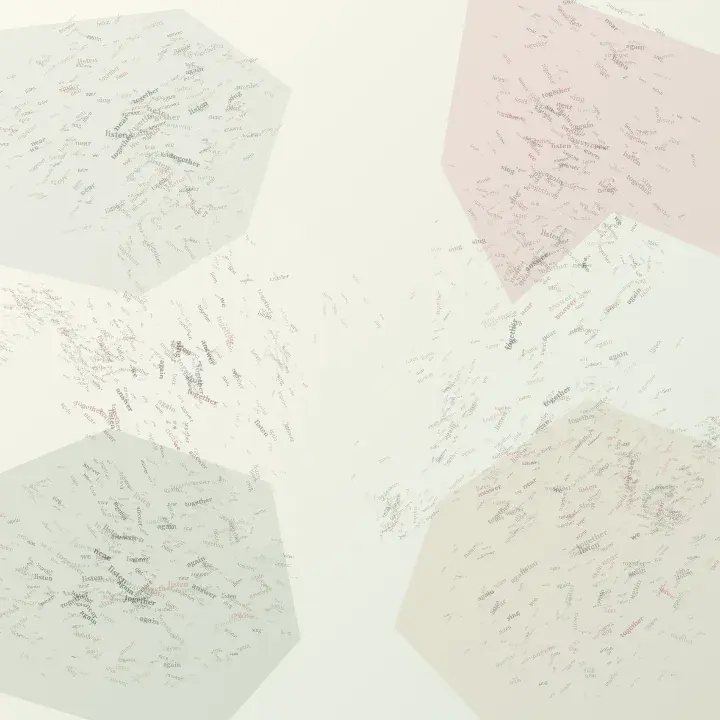 A Chorus Without a Center: cumulative painting state 2 of 3; Four unequal peripheral voice deposits gather around a low-density center; small words cross, occlude, and fade so collective sound is carried by distributed pressure rather than a speaker.