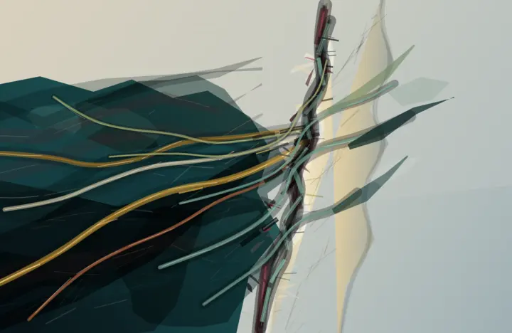 A Grammar That Survived the Knife: cumulative painting state 4 of 4; Contact-sheet force collapses into a cable-routing schematic at 1:1: uniform tubes, arrowheads, and clipped polygons dominate.