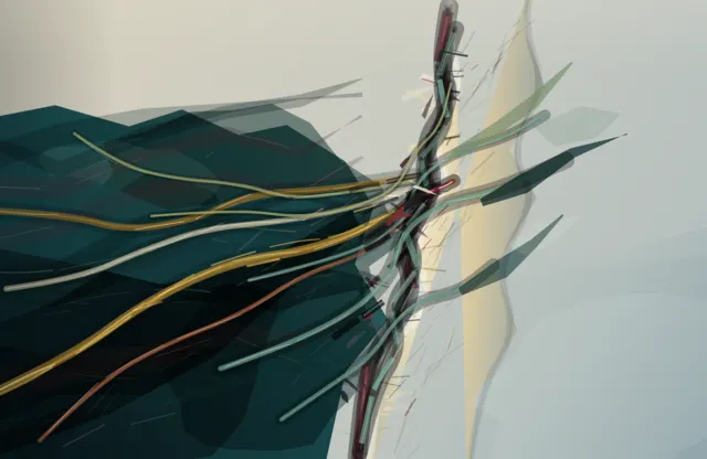 Contact-sheet force collapses into a cable-routing schematic at 1:1: uniform tubes, arrowheads, and clipped polygons dominate.