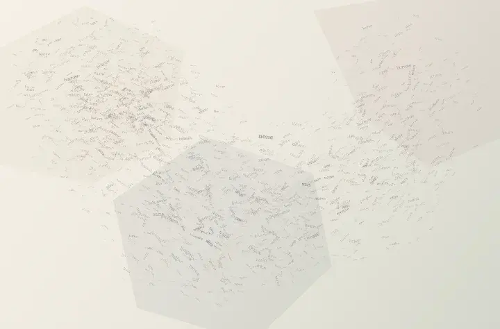 A Language No One Can Own: cumulative painting state 2 of 3; Three unequal lexical fields exchange borrow, share, give, receive, name, and ours around an open none interval; changing access and fractured edges deny a fixed owner.