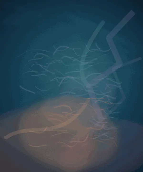 A Room That Learns Another Weather: cumulative painting state 2 of 3; A deep petrol vertical field contains a luminous warm apricot/coral pressure rising from the lower third. Violet angular folds enter from the right and cool blue-green haze occupies the upper field; small curved drypoint-like marks gather most densely around the warm/cool contact.