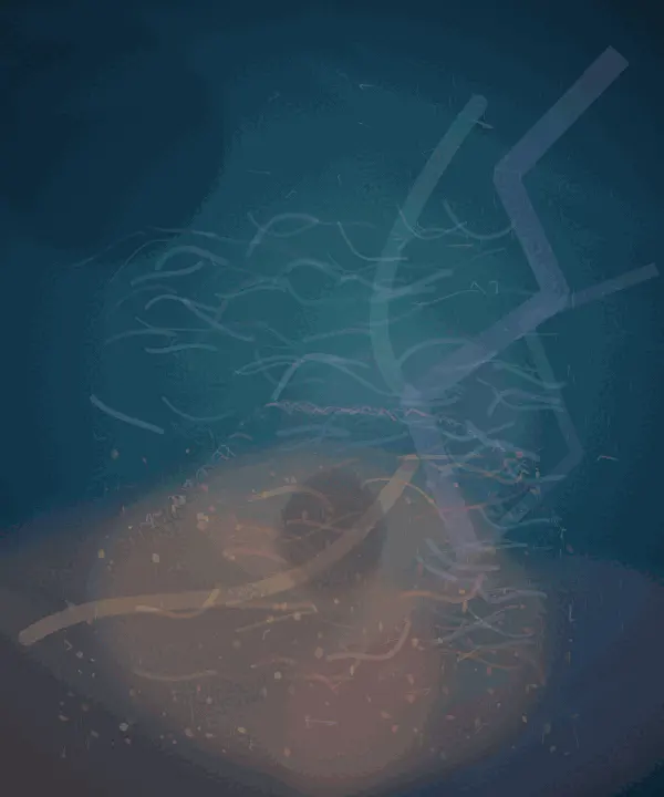 A Room That Learns Another Weather: cumulative painting state 3 of 3; A deep petrol vertical field contains a luminous warm apricot/coral pressure rising from the lower third. Violet angular folds enter from the right and cool blue-green haze occupies the upper field; small curved drypoint-like marks gather most densely around the warm/cool contact.