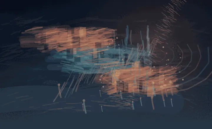 A Sound Through Stone: cumulative painting state 3 of 3; A deep indigo nocturne carries copper and blue broken marks in three horizontal clusters, with faint asymmetric echo curves and scattered pin lights toward the right.