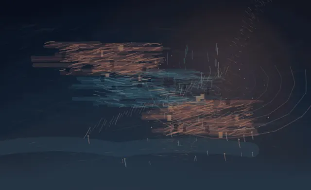 A deep indigo nocturne carries copper and blue broken marks in three horizontal clusters, with faint asymmetric echo curves and scattered pin lights toward the right.