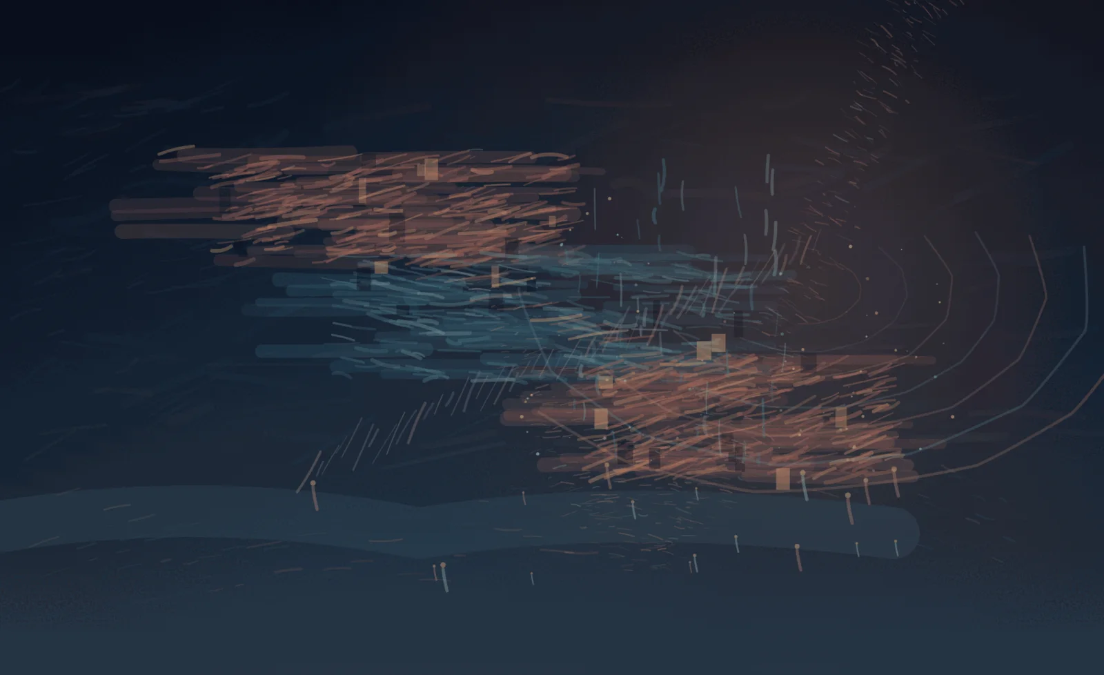 A deep indigo nocturne carries copper and blue broken marks in three horizontal clusters, with faint asymmetric echo curves and scattered pin lights toward the right.
