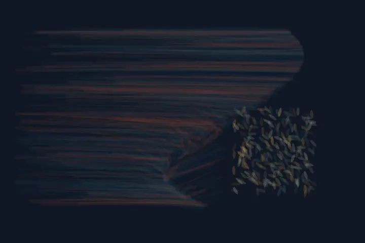 The Current Learns to Kneel: cumulative painting state 1 of 4; The Current Learns to Kneel stages deflected current as a competing material path with a retained remainder.