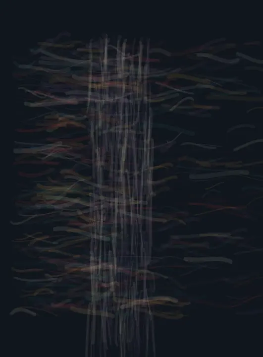The Net Gives Way Unequally: cumulative painting state 3 of 4; The Net Gives Way Unequally uses weave to arrest a competing process.