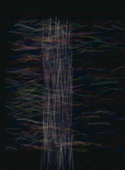 The Net Gives Way Unequally: cumulative painting state 4 of 4; The Net Gives Way Unequally uses weave to arrest a competing process.