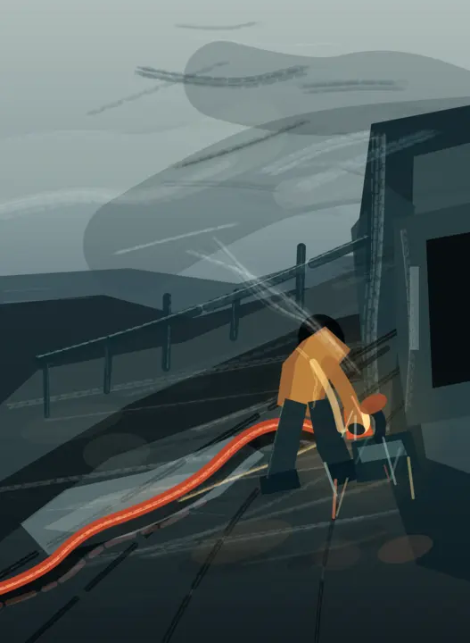Before the First Crossing: cumulative painting state 3 of 4; Worker, cable, rain, and enclosure give embodied causality and scale; crude polygon anatomy makes it a storyboard-like illustration.