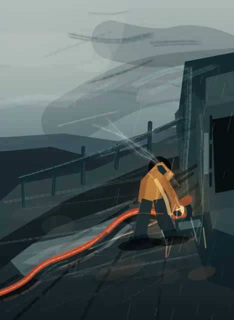 Worker, cable, rain, and enclosure give embodied causality and scale; crude polygon anatomy makes it a storyboard-like illustration.