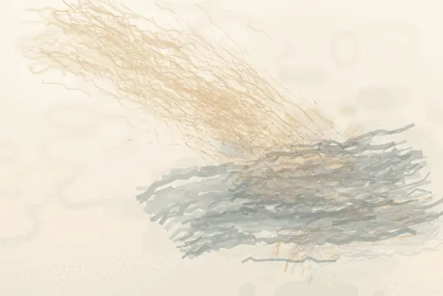 Before the Flower, Weather: cumulative painting state 1 of 3; A midnight mineral field receives interrupted gold and coral weather; localized glazes, lifted seams, and directional grains record an arrival while the upper-right remains open and flowerless.