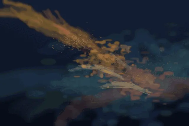 Before the Flower, Weather: cumulative painting state 3 of 3; A midnight mineral field receives interrupted gold and coral weather; localized glazes, lifted seams, and directional grains record an arrival while the upper-right remains open and flowerless.