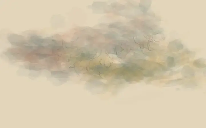 Reciprocal Weather: cumulative painting state 3 of 4; Two pale weather systems exchange warm residue; each bends away from the pressure it receives.
