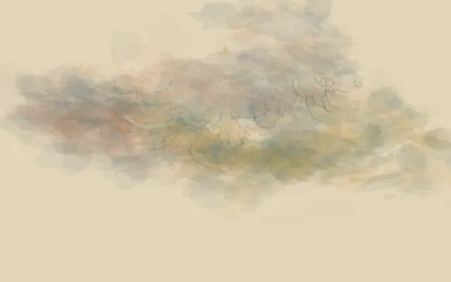 Two pale weather systems exchange warm residue; each bends away from the pressure it receives.
