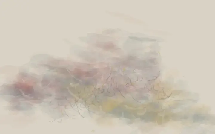 The Wrong Light Enters: cumulative painting state 4 of 4; A pale membrane redirects an entering red-violet light into neighboring particulate weather.