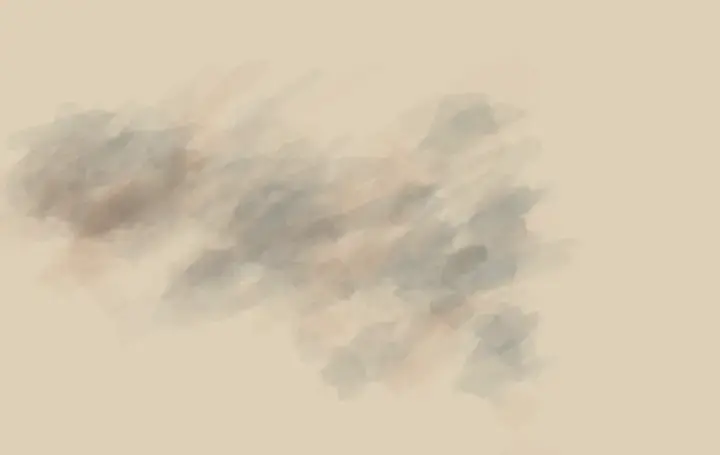 Countries Made of Weather: cumulative painting state 1 of 4; Two atmospheric bodies acquire each other’s color and abrasion without becoming mapped countries.