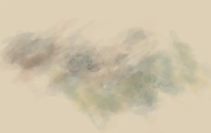 Countries Made of Weather: cumulative painting state 3 of 4; Two atmospheric bodies acquire each other’s color and abrasion without becoming mapped countries.