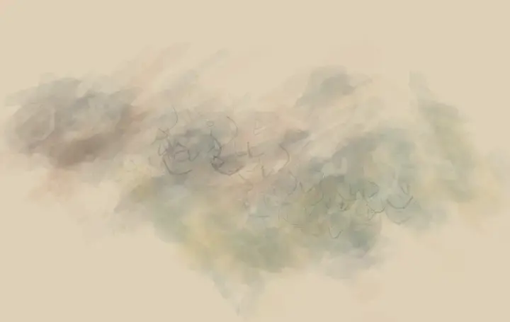 Countries Made of Weather: cumulative painting state 4 of 4; Two atmospheric bodies acquire each other’s color and abrasion without becoming mapped countries.