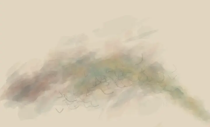 Contact Without Ownership: cumulative painting state 3 of 4; Two bodies touch through shared residue yet keep unequal scale and unoccupied support.