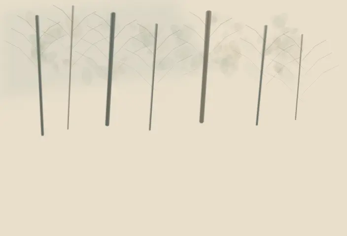 Orchard Wall, Fog Crossing: cumulative painting state 2 of 4; Orchard Wall, Fog Crossing is an independently authored causal raster study of fog crosses the orchard wall.