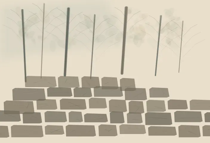 Orchard Wall, Fog Crossing: cumulative painting state 3 of 4; Orchard Wall, Fog Crossing is an independently authored causal raster study of fog crosses the orchard wall.