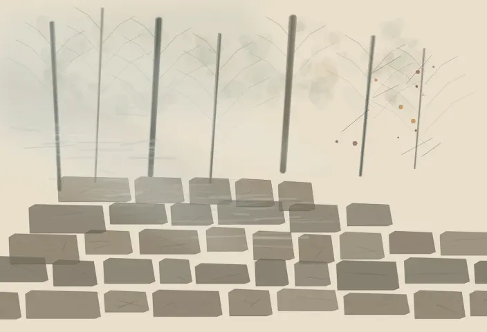 Orchard Wall, Fog Crossing: cumulative painting state 4 of 4; Orchard Wall, Fog Crossing is an independently authored causal raster study of fog crosses the orchard wall.