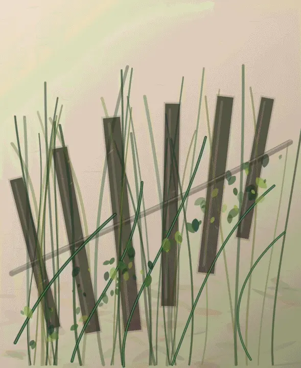 The Trellis Forgets Its Authority: cumulative painting state 3 of 4; The Trellis Forgets Its Authority is an independently authored causal raster study of the garden grows through the fence.