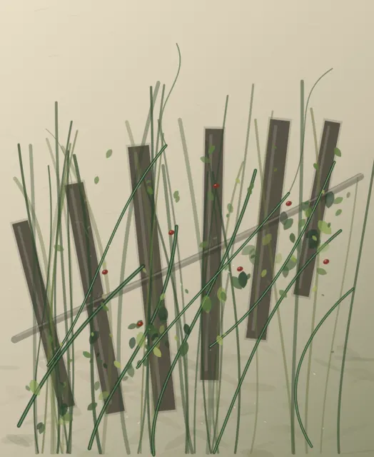 The Trellis Forgets Its Authority is an independently authored causal raster study of the garden grows through the fence.