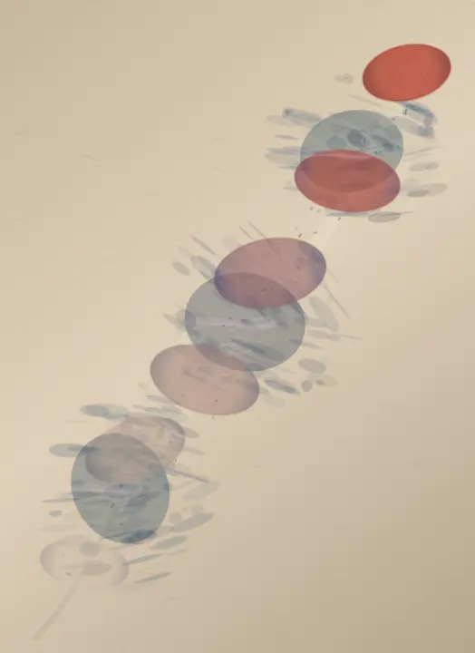 Lessons in Leaving: cumulative painting state 3 of 4; Lessons in Leaving is an independently authored causal raster study of one color teaches another to fade.