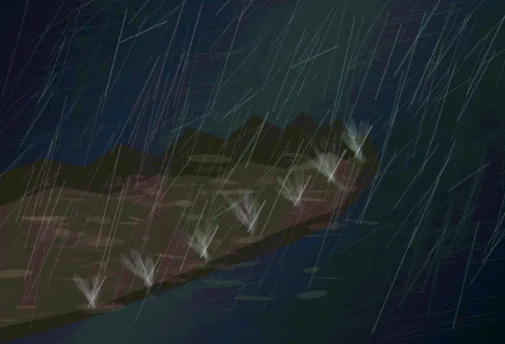 Littoral Terms: cumulative painting state 2 of 4; Littoral Terms is an independently authored causal raster study of a coastline negotiated by rain.