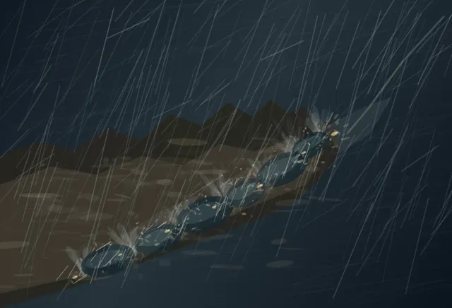 Littoral Terms is an independently authored causal raster study of a coastline negotiated by rain.