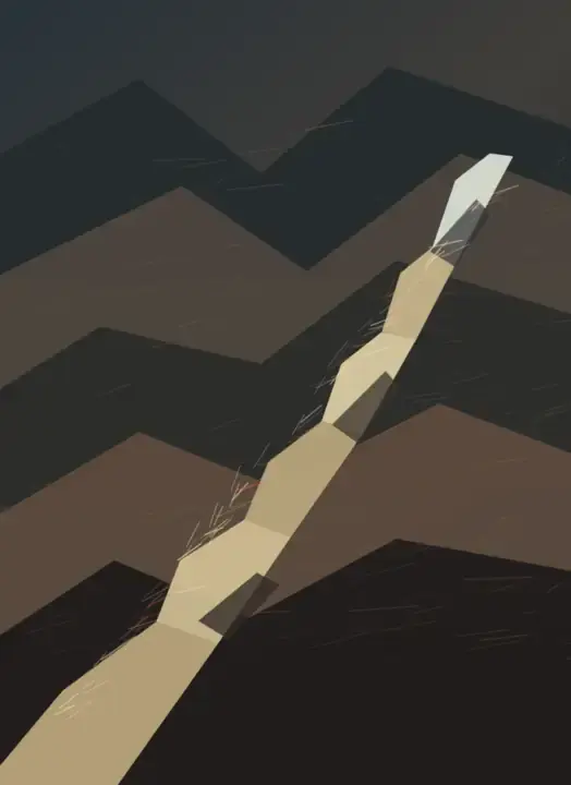 The Difficult Opening: cumulative painting state 3 of 4; The Difficult Opening answers the prompt through occluded wilderness path, authored as an independent deterministic raster system.