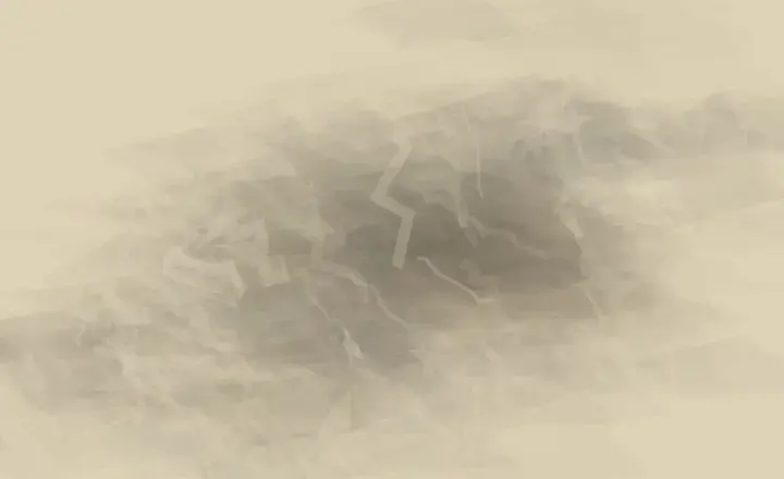 Dust Learns the Weight of Distance: cumulative painting state 1 of 3; A pale mineral field buckles around an ochre deposit, with abrasion exposing the support above and below.