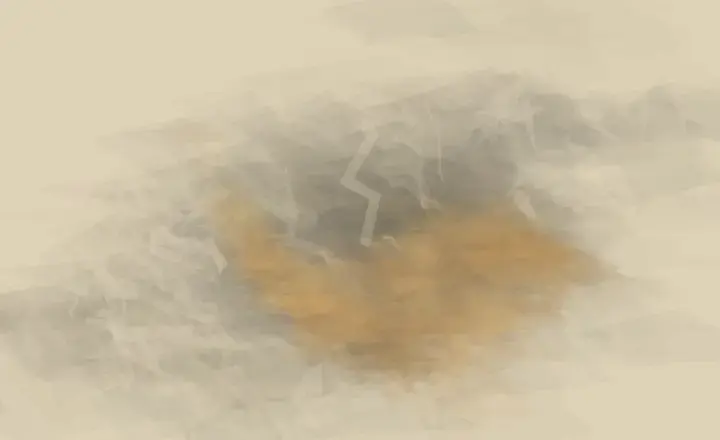 Dust Learns the Weight of Distance: cumulative painting state 2 of 3; A pale mineral field buckles around an ochre deposit, with abrasion exposing the support above and below.