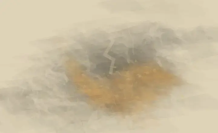 Dust Learns the Weight of Distance: cumulative painting state 3 of 3; A pale mineral field buckles around an ochre deposit, with abrasion exposing the support above and below.