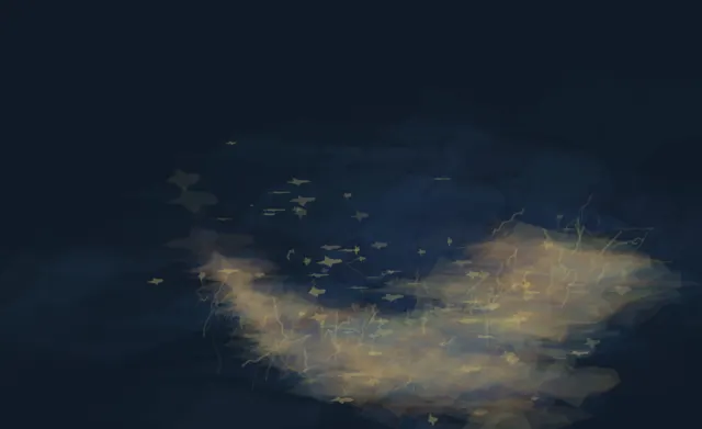 A dark atmospheric body opens asymmetrically around a displaced gold resistance, leaving one arm unresolved.
