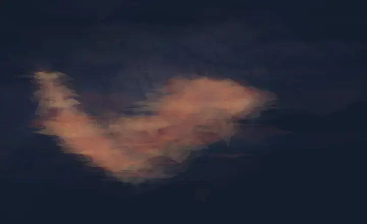 A Red Interruption: cumulative painting state 2 of 3; A red material interruption compresses a dark field, leaving particulate residue instead of a drawn comet.
