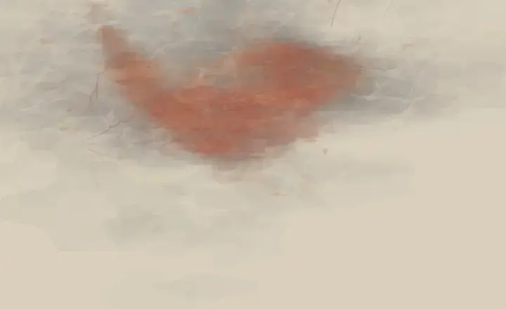 Cold Paper Receiving Red: cumulative painting state 3 of 3; Red pigment enters pale cold support as sediment and abrasion rather than spectral notation.