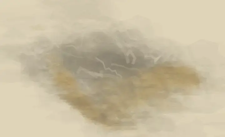 Between Stars, Silt: cumulative painting state 2 of 3; A small gold discontinuity holds the unequal distance between two eroded mineral bodies.