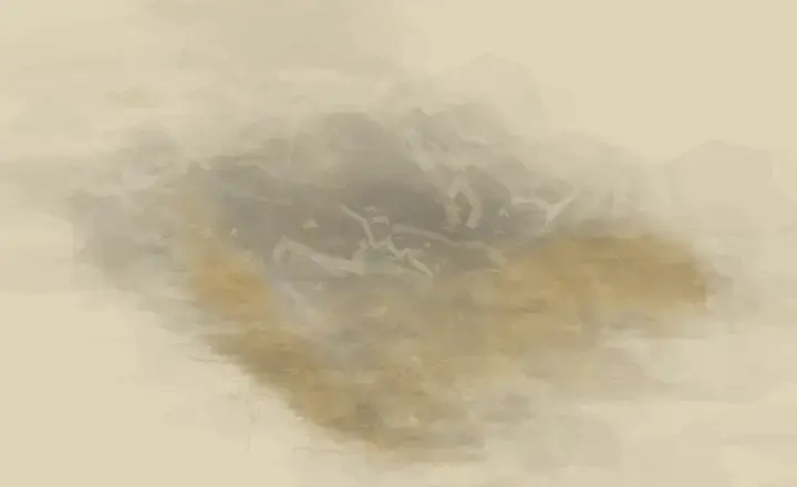 Between Stars, Silt: cumulative painting state 3 of 3; A small gold discontinuity holds the unequal distance between two eroded mineral bodies.