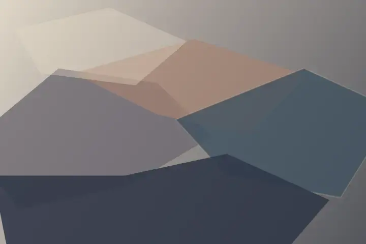 The Unshared Measure: cumulative painting state 1 of 3; Cool grey, rust, and ochre mineral facets carry an unequal diagonal load into a compressed lower-right deposit beneath a broad quiet field.