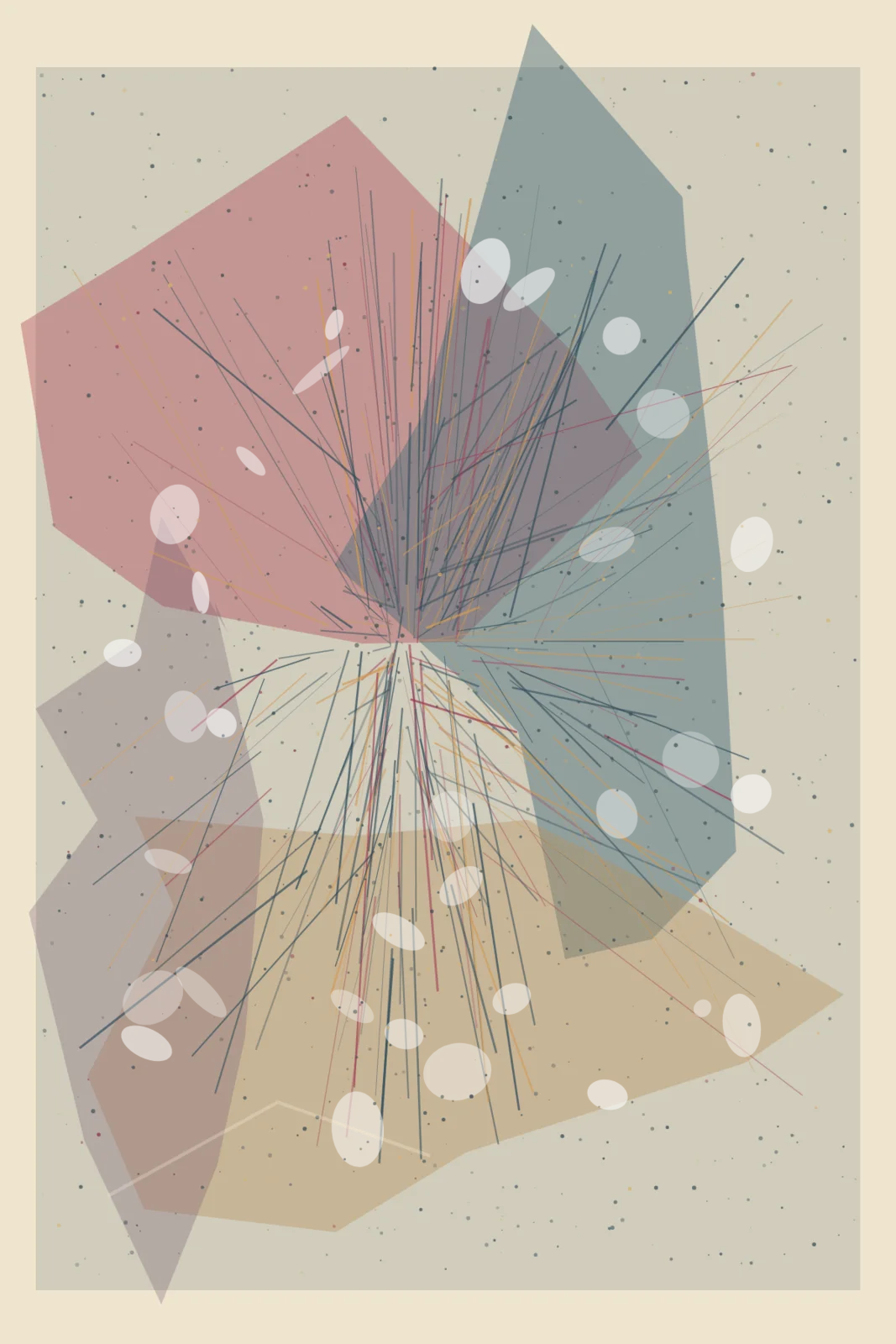 Salmon, blue-grey, and mauve stains hold a dense low-centered burst of thin colored residue and dispersed powder.
