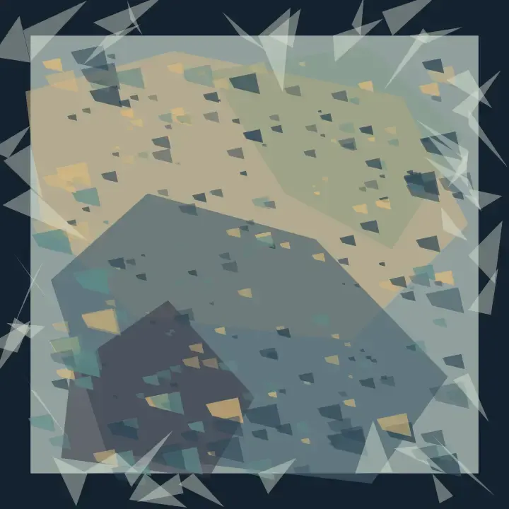 The Room Cannot Contain the Weather: cumulative painting state 2 of 3; A pale green and ochre finite field sits inside a navy surround while angular weather fragments cross and erode its boundary.