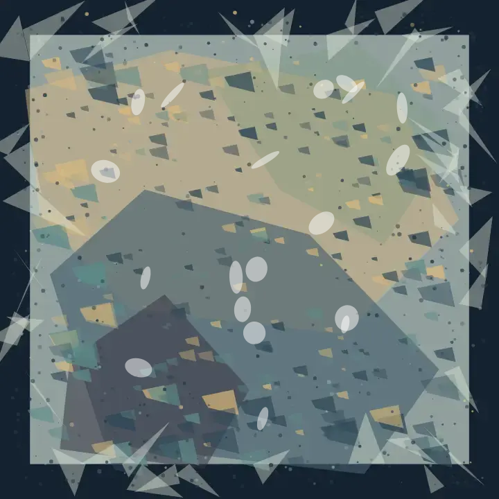 The Room Cannot Contain the Weather: cumulative painting state 3 of 3; A pale green and ochre finite field sits inside a navy surround while angular weather fragments cross and erode its boundary.