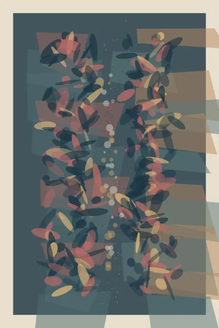 Salmon, ochre, and navy deposits accumulate on either side of a narrow nonclosing interval over translucent pressure planes.