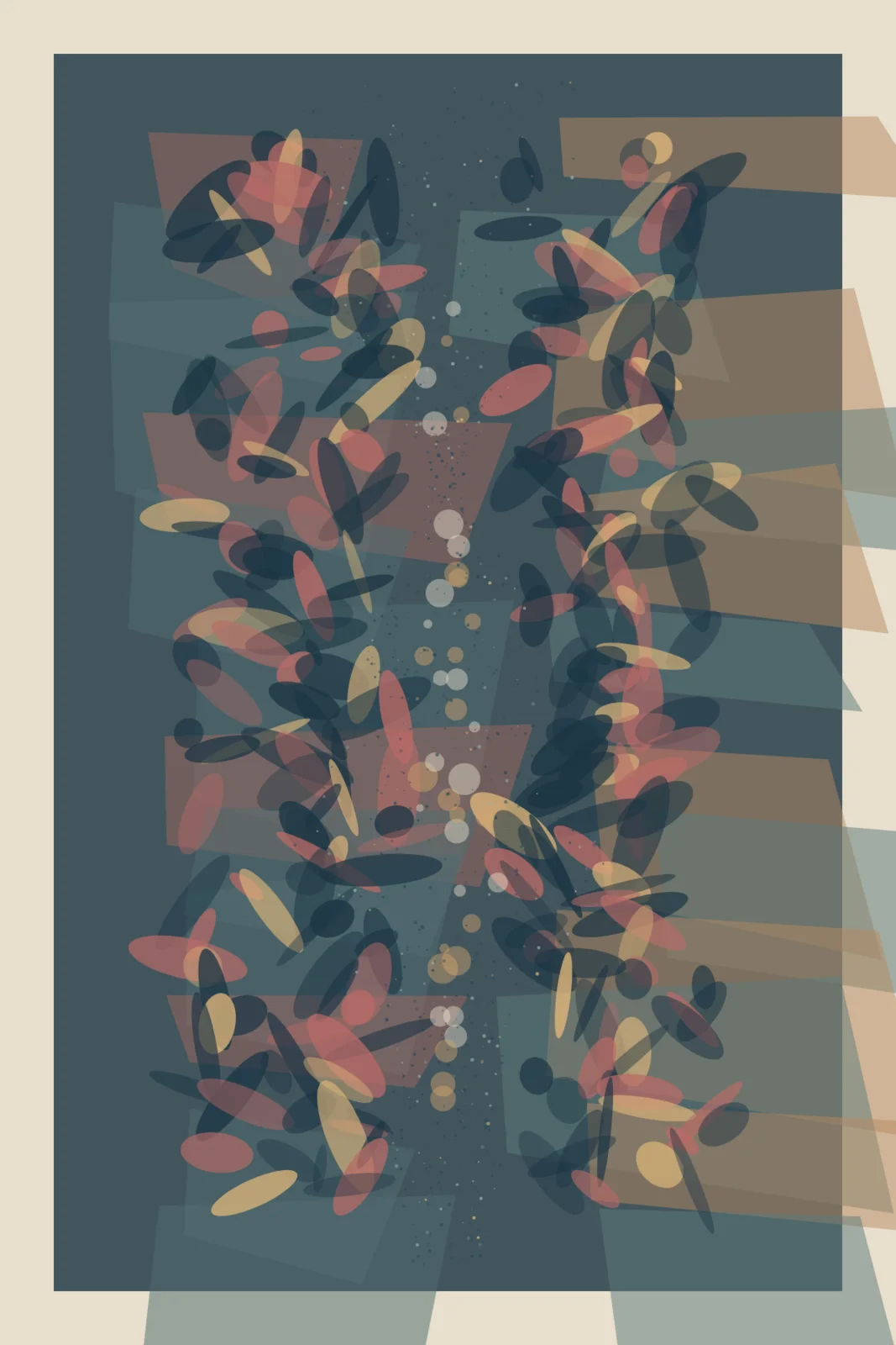 Salmon, ochre, and navy deposits accumulate on either side of a narrow nonclosing interval over translucent pressure planes.