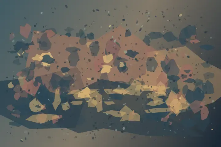 What the Division Could Not Take: cumulative painting state 3 of 3; A heavy slate and umber basin retains uneven ochre and blue-grey clasts after a division, with warm remnants resisting the dark lower deposit.